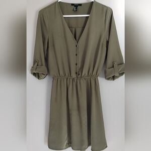 Forever 21 Olive Long Sleeve Buttoned Dress